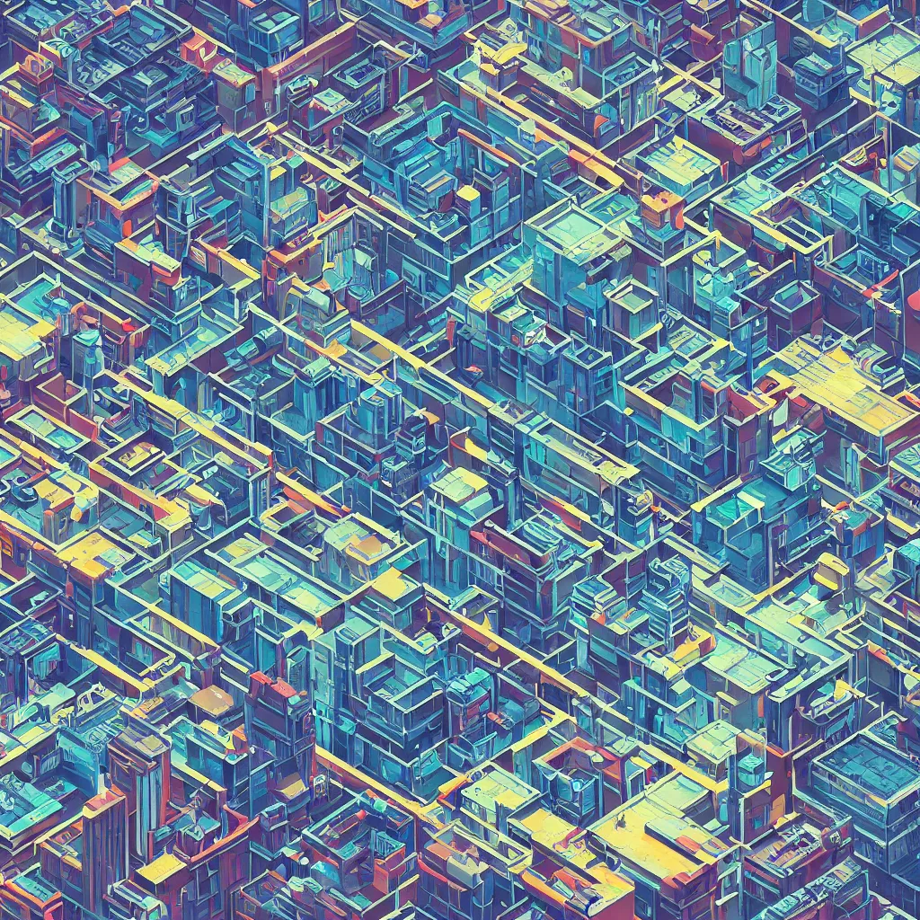 Prompt: view from the balcony over vast cyberpunk city isometric detailed painting