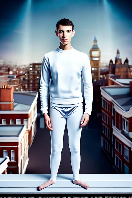 Image similar to un ultra high definition studio quality photographic art portrait of a young man standing on the rooftop of a british apartment building wearing soft padded silver pearlescent clothing. three point light. extremely detailed. golden ratio, ray tracing, volumetric light, shallow depth of field. set dressed.