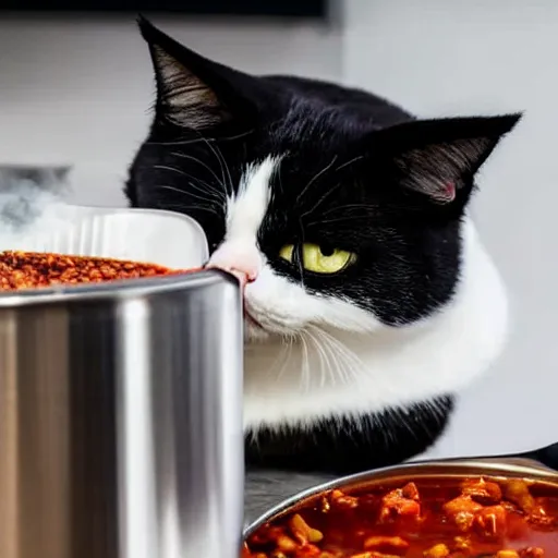 Image similar to photo of black and white exotic shorthair cat cooking a pot of chili in a modern kitchen