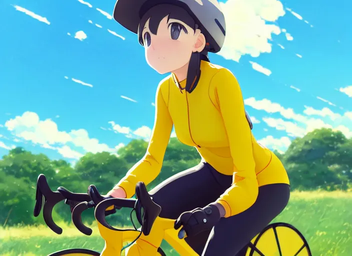 Prompt: portrait of cute girl riding road bike, sunny sky background, lush landscape, illustration concept art anime key visual trending pixiv fanbox by wlop and greg rutkowski and makoto shinkai and studio ghibli and kyoto animation, symmetrical facial features, sports clothing, yellow helmet, nike cycling suit, backlit, aerodynamic carbon frame