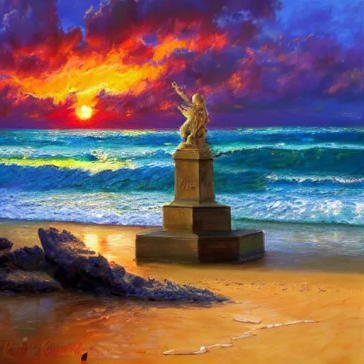 Image similar to acrylic painting, impressionism and expressionism, strong emotional impact, bold pastel colors, expressive brushstrokes. by peter mohrbach and mark keathley. fantasy illustration of the shore of the island of monuments and statues. spectacular sunset, stone monuments on the beach. beautiful and vivid trending on artstation hq 8 k contest winner # wow