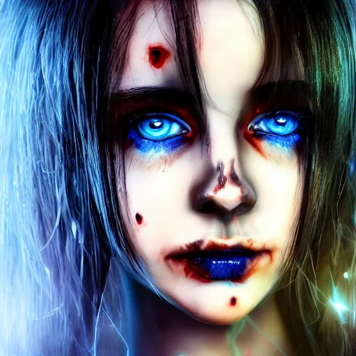 Prompt: beautiful zombie girl, black hair, blue eyes, glowing skin, photorealistic