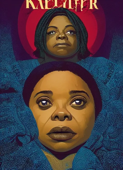 Image similar to poster artwork by Michael Whelan and Tomer Hanuka, Karol Bak of Octavia Spencer has a thousand voices in her head, reality is a labyrinth, psychological thriller from scene from Twin Peaks, clean, simple illustration, nostalgic, domestic, full of details