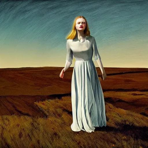 Image similar to Elle Fanning in the painted world of Drive, head and shoulders masterpiece, apocalypse, golden hour, cosmic horror, artstation, in the style of Andrew Wyeth and Edward Hopper and Bosch, extremely detailed