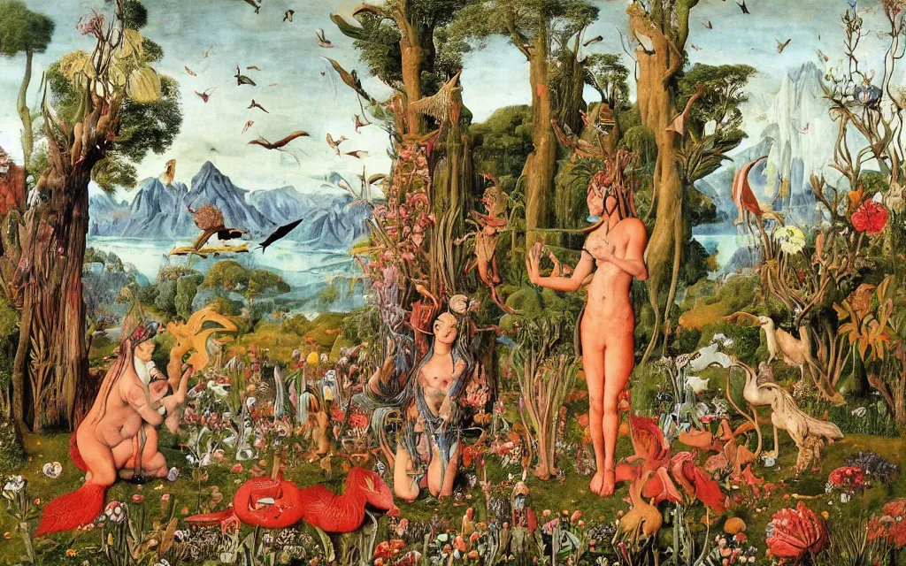 Image similar to a photograph of a meditating centaur shaman and a harpy mermaid feeding animals. surrounded by bulbous flowers, animals and a few trees. river delta with mountains and cliffs under a blue sky full of burning stars and birds. painted by jan van eyck, max ernst, ernst haeckel, ernst fuchs and artgerm. trending on artstation