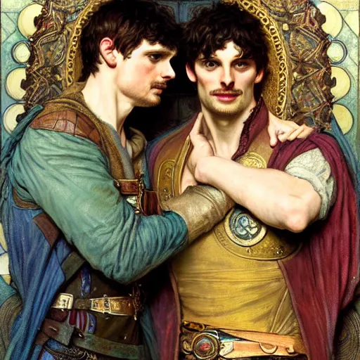 Prompt: bradley james as arthur pendragon and colin morgan as merlin go to a pub together to have some drinks. highly detailed painting by gaston bussiere, alphonse mucha, greg rutkowski, j. c. leyendecker 8 k