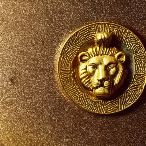 Prompt: an ancient roman gold coin with the face of a lion, close up photo, ultra realistic, studio photo, bokeh. intricate details.