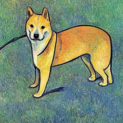 Prompt: a shiba inu with headphones ， post - impressionism, cezanne, gaugin, van gogh, seurat ， - h 7 6 8