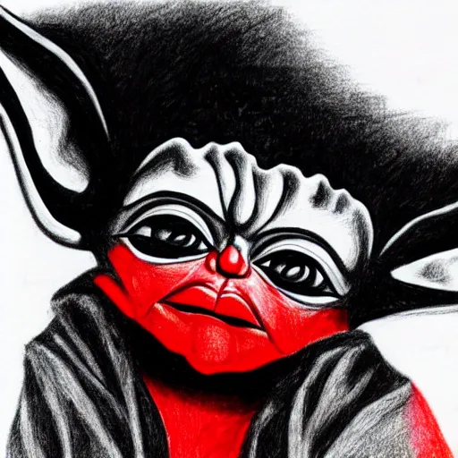 Prompt: abstract drawing of black and red baby yoda with black background, high contrast, 4k