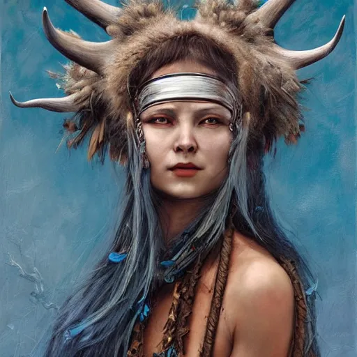 Image similar to A young female shaman, blue hair and antlers on her head. blindfolded, heilung, in the style of Heather Theurer, made by karol bak