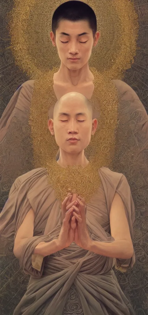 Prompt: ultra realistic illustration, a serene buddhist monk experiencing ego death, intricate, elegant, highly detailed, digital painting, artstation, concept art, smooth, sharp focus, illustration, art by artgerm and greg rutkowski and alphonse mucha, by rene magritte, surrealism!!!