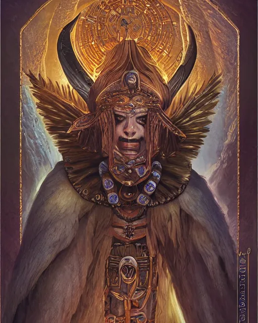 Image similar to digital painting of supay, incan god of death, by filipe pagliuso and justin gerard, symmetric, fantasy, highly detailed, realistic, intricate, sharp focus, tarot card