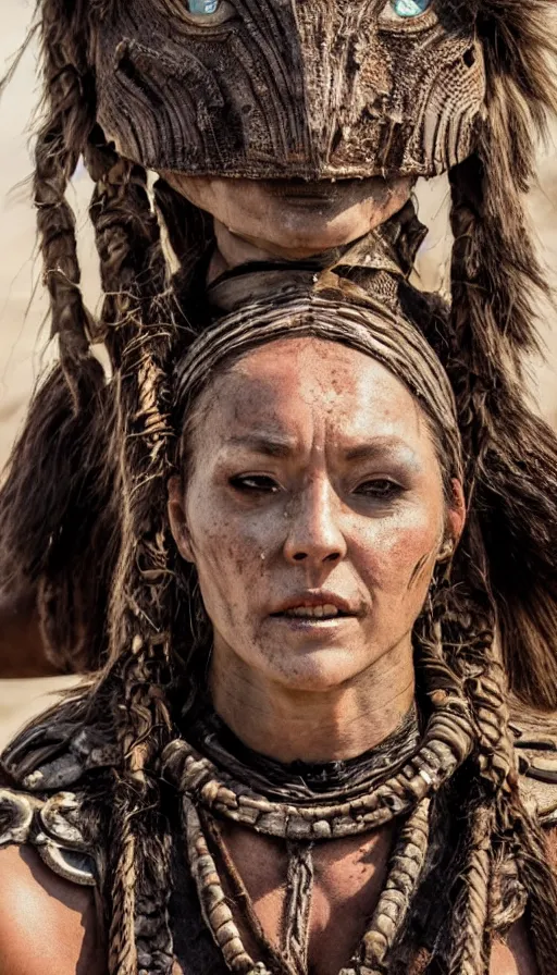 Prompt: sweated ancient princess tribewoman ready to fight, partially destroyed armor inspired monster hunter, low shot camera, muscular, symmetrical face, clean face, subtle make up, debris and arrows flies around her, frozen time effect,dramatic lighting, cinematic, establishing shot, extremely high detail, photorealistic, 300 the movie,monster hunter the movie, dune the movie, cinematic lighting, artstation, octane render, western,old photo, vintage