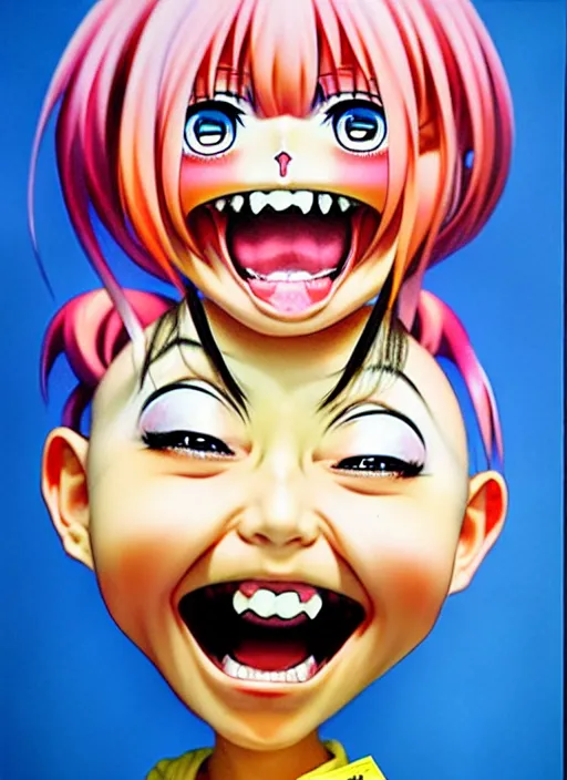 Image similar to a hyperrealistic oil panting of a kawaii anime girl figurine caricature with a big dumb grin featured on nickelodeon by dave mckean