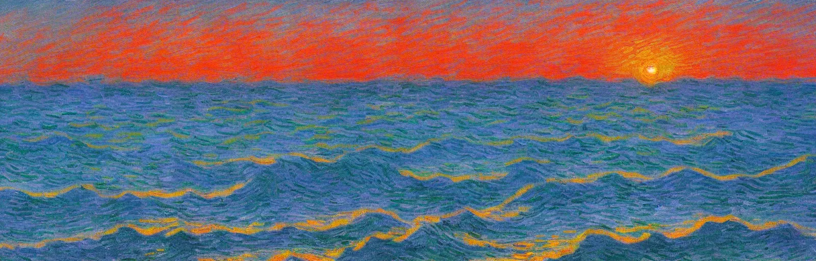 Image similar to An aesthetically pleasing, dynamic, energetic, lively, well-designed digital art of the ocean at sunset, light and shadow, by Claude Monet and Vincent Van Gogh, superior quality, masterpiece, excellent use of negative space. 8K, superior detail.