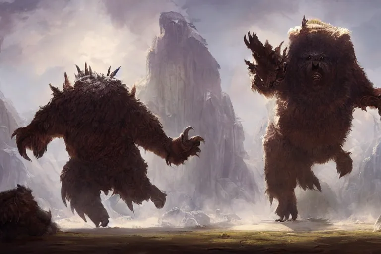 Image similar to An awesome painting of an intimidating large owlbear encounter, video game concept art by Wizards of the Coast, Magic The Gathering, Blizzard, Games Workshop, Greg Rutkowski, Craig Mullins, WETA, Elder Scrolls.