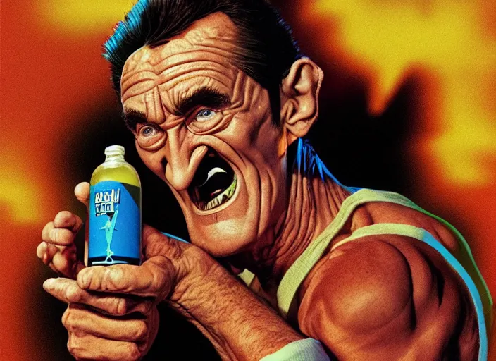 Image similar to barry chuckle chugging a bottle of snake oil, artwork by richard corben, 3 d, high resolution 8 k