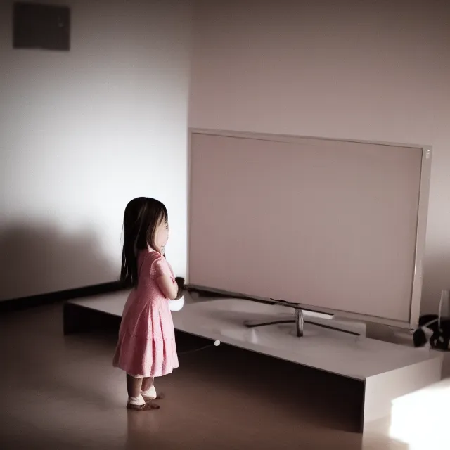 Prompt: a cute little girl in the center of a clean room, static, centered focus, bleak lighting, obscure, low quality TV video effect, photography, footage