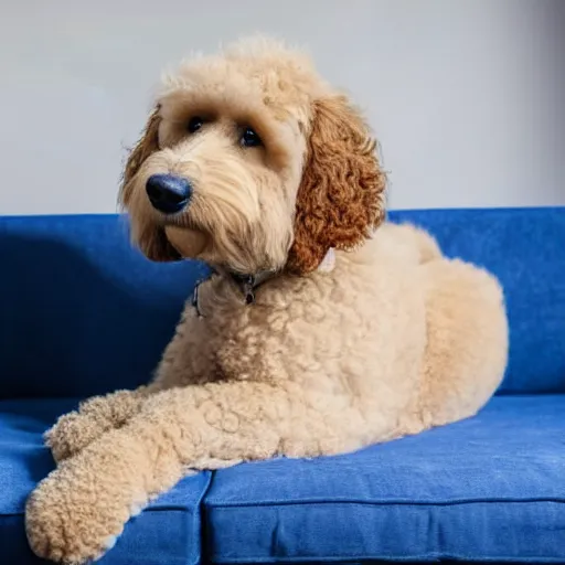 Prompt: studio photograph of a Goldendoodle dog with curly fur, sitting on a white sofa in a room with bright blue walls, f1.8 aperture, 4K HDR award winning photo