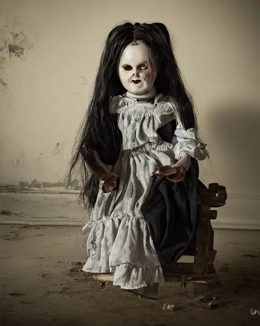 Image similar to portrait of a creepy angry scary antique filthy porcelain doll with black eyes wearing a dirty dress, with long black hair sitting in a rocking chair, next to a child’s bed in a dimly lit filthy room in an abandoned old asylum at night, 8k octane render, cinematic, dramatic lighting, volumetric lighting, Craig Mullins, Duane Hanson , Richard Estes, Arney Fretag, vintage photo, 1890