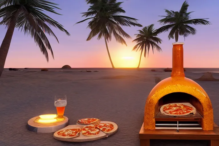 Prompt: a wood fired pizza oven on a tropical beach, pizza, beer, sunset, ultra realistic refractions, extremely detailed 3 d render, octane render, octane, ray tracing, evening sky, 4 k, pixar