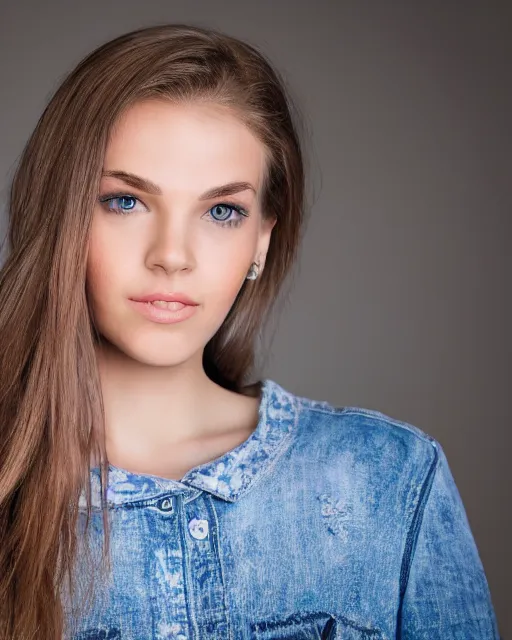 Image similar to a highly realistic, true to life portrait of a beautiful young caucasian girl, sharp focus, from the waist up, with sharp features, a beautiful face, soft smile, under studio lighting, taken with a canon eos camera with 1 3 5 mm focal length