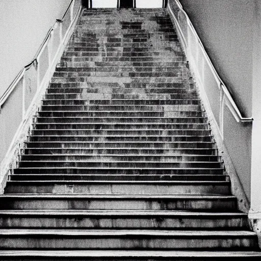 Image similar to black and white press photograph, highly detailed space of stairs, stairs and stairs, detailed textures, natural light, mist, architecture photography, film grain, soft vignette, sigma 8 5 mm f / 1. 4 1 / 1 0 sec shutter, darren aronofsky film still promotional image, imax 7 0 mm footage