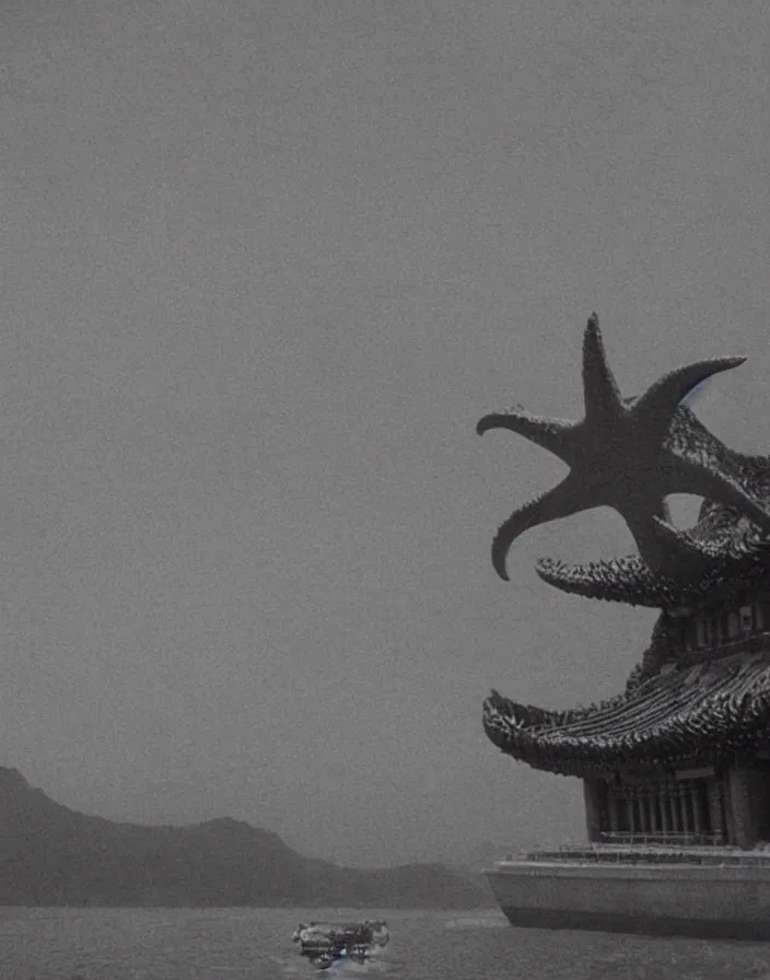 Image similar to a filmstill of a north korean monster movie, kaiju - eiga monster starfish - like trampling a traditional korean palace, foggy, film noir, video compression