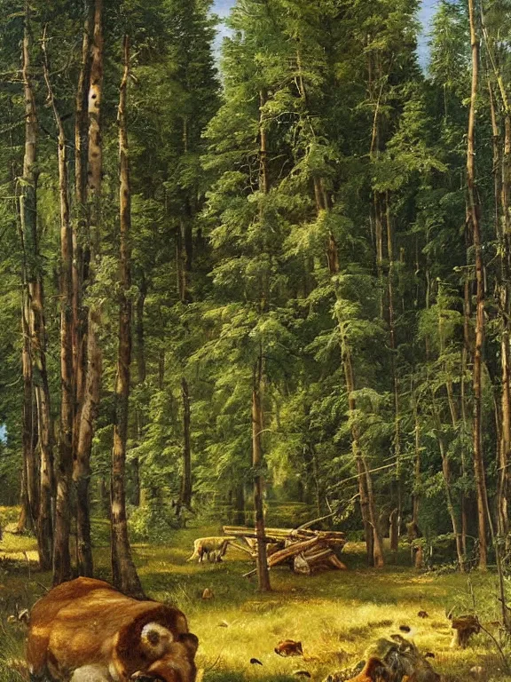 Prompt: Ivan Shishkin painting of a beautiful burger as a wild animal hiding at forest, beautiful lighting, sunny, summer, painting Ivan Shishkin