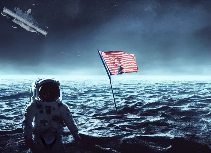 Image similar to astronaut holding a flag in an underwater desert. a submarine is visible in the distance. dark, concept art, cinematic, dramatic, atmospheric, 8 k, trending on artstation, blue, fish, low visibility, fog, ocean floor, christopher nolan, interstellar