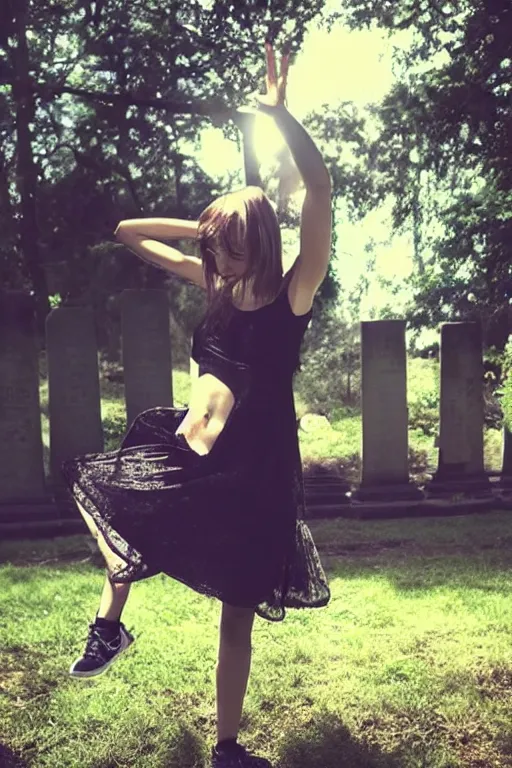 Image similar to egirl doing a shuffle dance in an abandoned graveyard, aesthetic!!! highly symmetric body parts, clean compostion, outdoor lighting