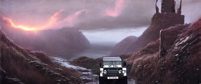 Image similar to Land Rover Defender 110 (1985), an epic fantasy, dramatic lighting, cinematic, establishing shot, extremely high detail, photorealistic, cinematic lighting, artstation, by simon stalenhag, The Elder Scrolls V: Skyrim, Whiterun Hold, Whiterun, Dragonsreach in the background, at day