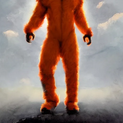 Image similar to aesthetic portrait commission of a of a male fully furry muscular anthro albino lion in orange in full body red jumpsuit outfit like from the film Us (2019) by Jordan Peele ,digital art,art by greg rutkowski, charles bowater, charlie bowater, ross tran, artgerm, and makoto shinkai, detailed face,hyperdetailed,photorealistic,artstation,deviantart,4k,detailed, inked, western comic book art, award winning painting ,high definition