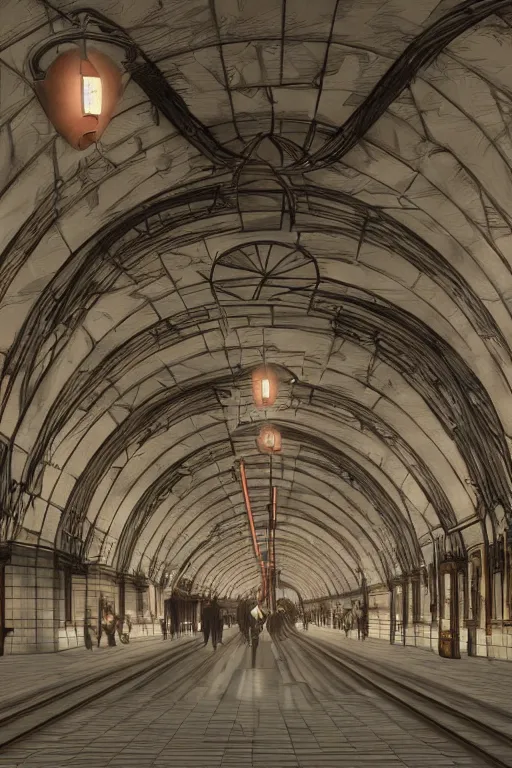 Prompt: a beautiful art nouveau metro station full with hundreds of rats running everywhere, beautiful rembrandt light, octane render