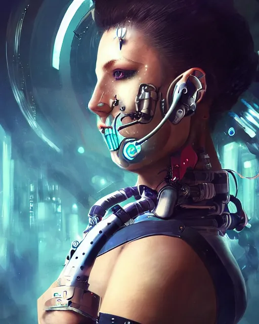 Prompt: a cyberpunk sailor moon with arm tattoos with cybernetic enhancements doing research, detailed mask, scifi character portrait by greg rutkowski, esuthio, craig mullins, 1 / 4 headshot, cinematic lighting, dystopian scifi gear, gloomy, profile picture, mechanical, half robot, implants, steampunk