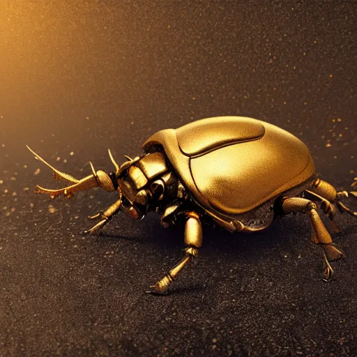 Prompt: Very high detailed rhinoceros beetle made of gold and metal standing on a carbon fiber background, robotic, nature, symmetrical, Greg Rutkowski, Charlie Bowater, Beeple, Unreal 5, hyperrealistic, dynamic lighting, fantasy art