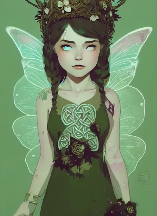 Image similar to portrait of cute fairy girl with crown of flowers covered with celtic rune tattoos, fantasy, by atey ghailan, by greg rutkowski, by greg tocchini, by james gilleard, by joe gb fenton, by kaethe butcher, dynamic lighting, gradient light green, brown, blonde cream and white color in scheme, grunge aesthetic