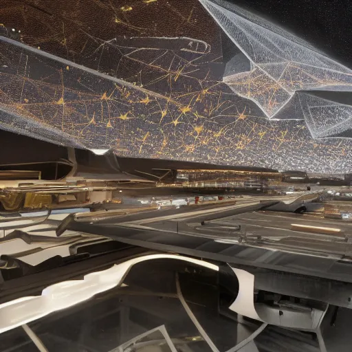 Image similar to motherboard wall structure airport and stars points cloud in the middle, unreal engine 5 lumen global illumination, keyshot, octane, ultra high detail, ultra realistic, 8k, 16k, in style of zaha hadid, blade runner 2049 lighting color, in plastic, ultra high contrast, dark shadows, tilt shift,