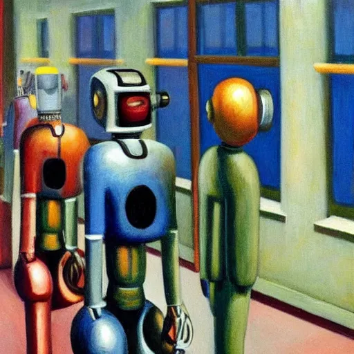 Prompt: robots queue up for daily inspection, grant wood, pj crook, edward hopper, oil on canvas