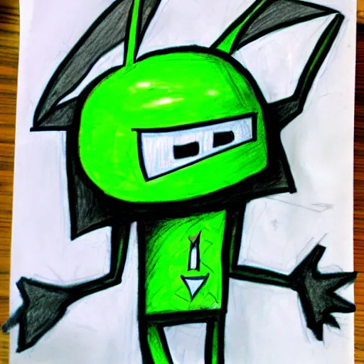 Image similar to a children's drawing of invader zim, crayon, paper,