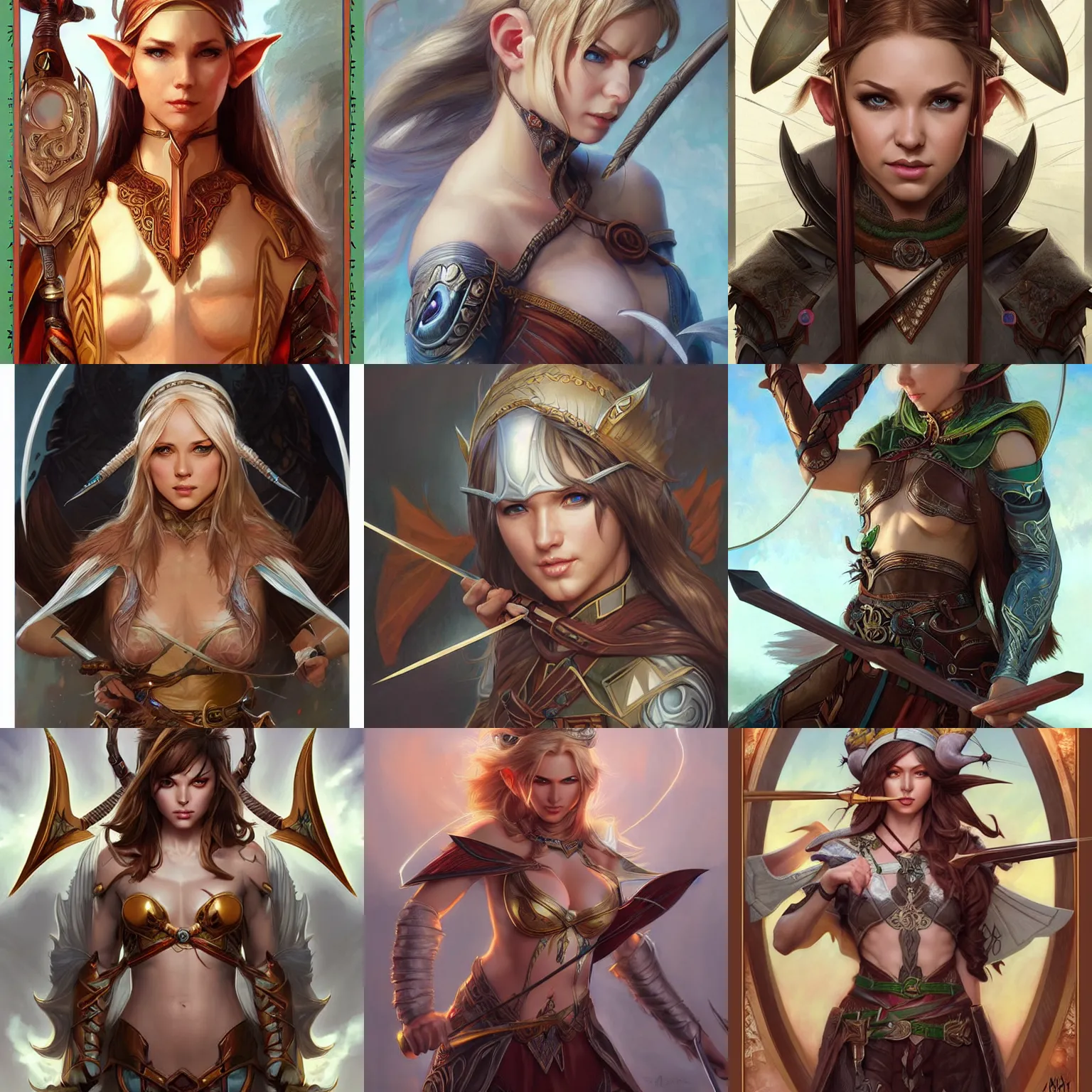 Prompt: character concept portrait, head-on centralized, elf archer. Thick wood tarot. Frame. Detailed, high quality, dynamic lightning, fantasy. . Artwork by artgerm, WLOP, alex ross, Mucha