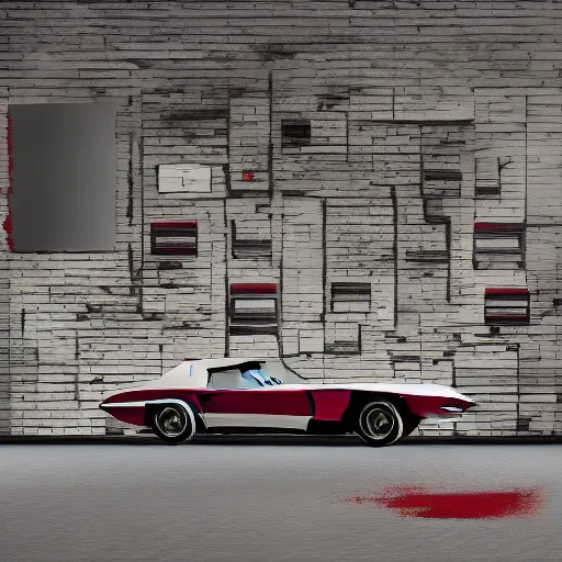 Image similar to The car is Corvette C2 1969, red paint, in a blank studio room. The car is on a perfectly flat floor. Orthographic front view of the car.