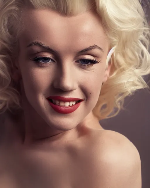 Image similar to Beautiful Head and shoulders portrait of smiling flirty seductive Marilyn monroe with platinum blonde hair, wearing a camisole by arney freytag, artstation, 35mm, fashion photoshoot, laying on a bed in a photo studio, golden hour, bokeh, rim lighting, fashion pose, octane, 4k