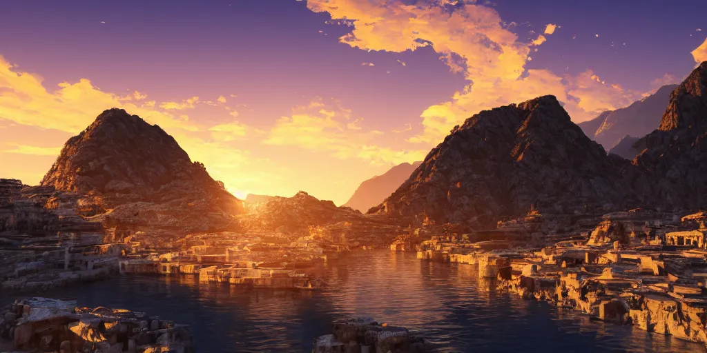 Prompt: ancient marble city, sunset glowing off a mountain in background, view from the sea with calm waves, ray tracing, caustics refractive, planet in the sky, award winning, trending on artstation, digital art. highly detailed 8 k. intricate. lifelike. soft light. nikon d 8 5 0.