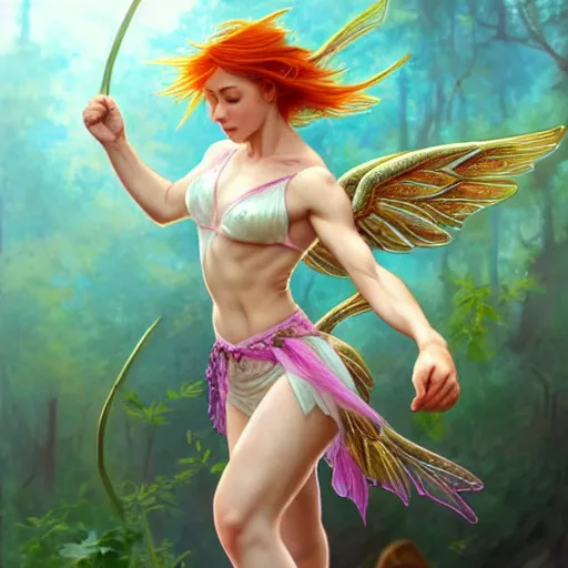 Image similar to beautiful natural fairy winged redhead martial artist fantasy fairy cute karate fey fae muscular body shortsword fairy summer spring seasons smirk, kung fu, vivid colors, intricate, elegant, highly detailed, digital painting, artstation, concept art, smooth, sharp focus, illustration, art by artgerm and greg rutkowski and alphonse mucha and loish and wlop