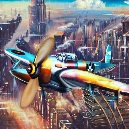 Image similar to ww2 spitfire plane flying through futuristic city, highly detailed, painting, brushstroke, anime artwork