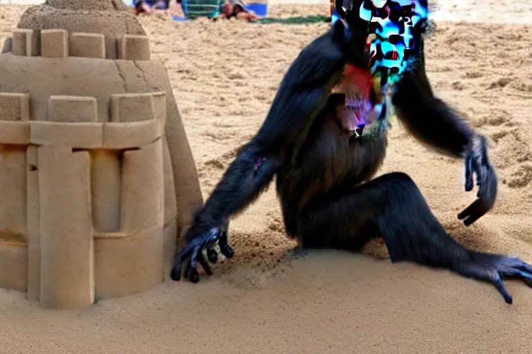 Image similar to a monkey touching a completed sand castle