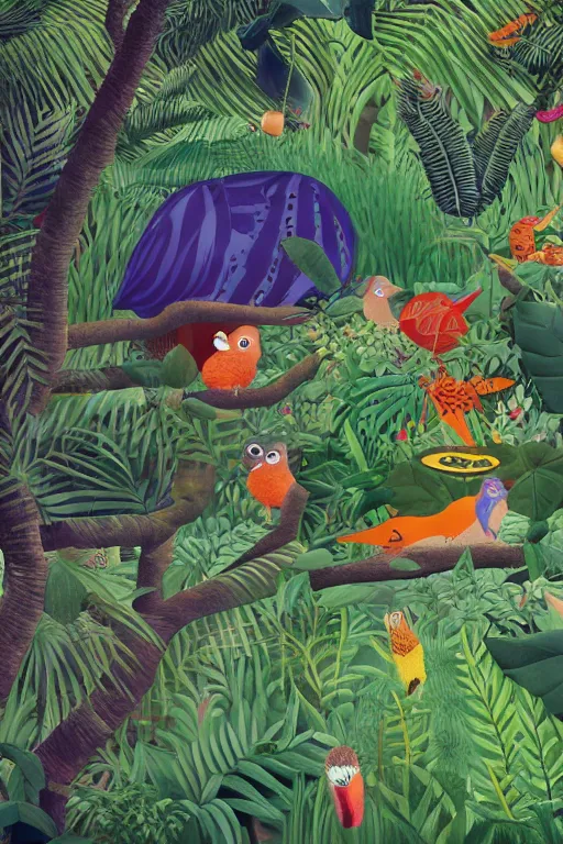 Image similar to rare bird in the jungle, hyper detailed, unreal engine render concept art, horizontal glitch, dark green, style of henri rousseau and richard scarry and hiroshi yoshida