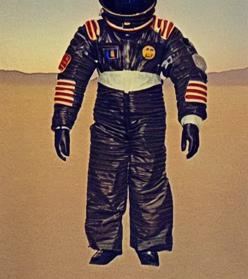 Image similar to A photo taken at night of 1980s VR spacesuit designed by US Army, scary athmosphere, dark, single vague light, desert military base, desatured colors, slightly old Polaroid photo found in the attic