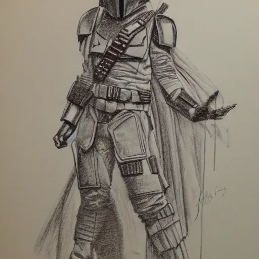 Prompt: the mandalorian in a smock and a frilly dress. pencil drawing.